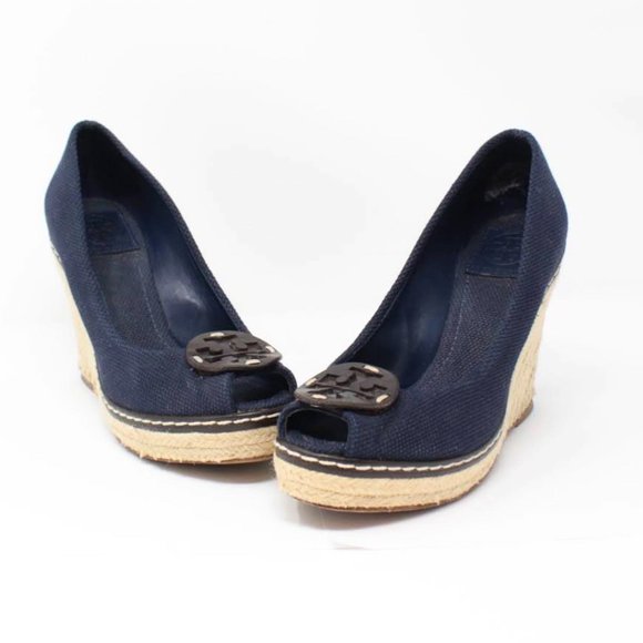TORY BURCH Navy Blue Logo Wedges